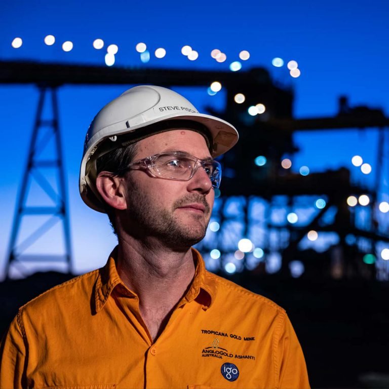 Tropicana mine employee at sunset, Australia